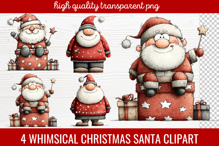 4 Whimsical Christmas Santa Clipart | Cute Santa PNG