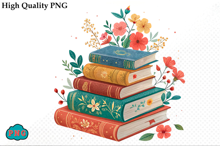 Watercolor Floral Books Clipart PNG