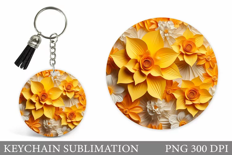 3D Flowers Round Keychain. Daffodil Keychain Sublimation