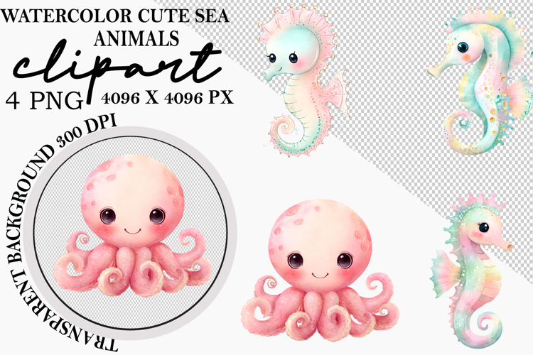 Whimsical Cute Sea Animals Clipart Watercolor png