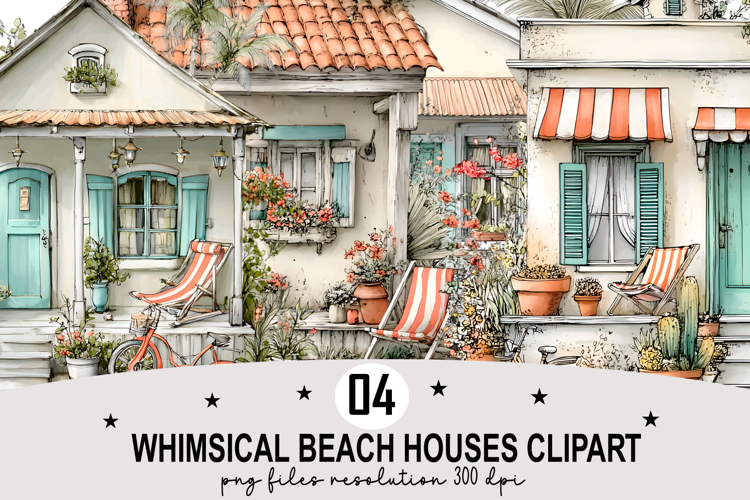 Whimsical Beach Houses Clipart Watercolor Clipart png