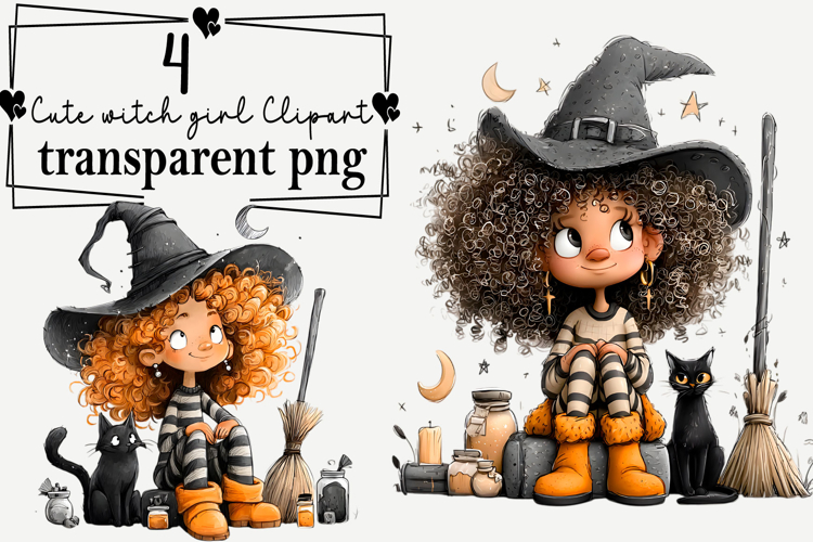 Cute witch girl Clipart Watercolor PNG example image 1