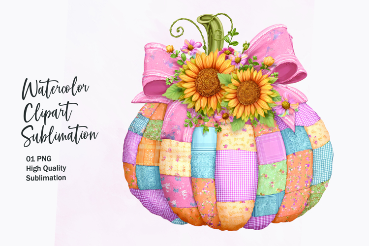 Floral Pumpkin with Bow Watercolor Clipart Sublimation