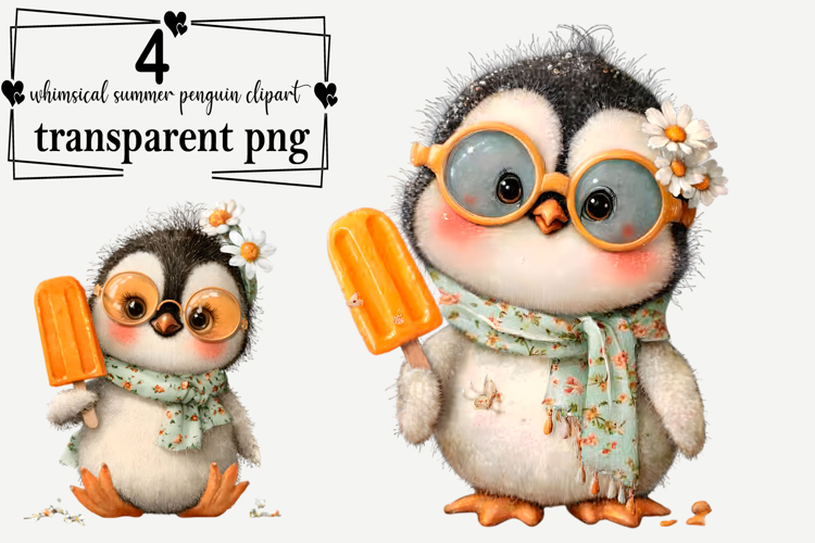 Whimsical Summer Penguin Clipart Watercolor PNG example image 1