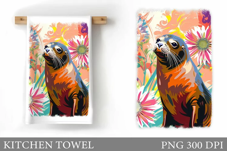Cute Seal Kitchen Towel Design. Flowers Kitchen Towel