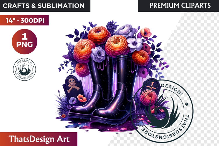 Halloween Floral Rain Boots - Cute Witchy Garden Clipart PNG