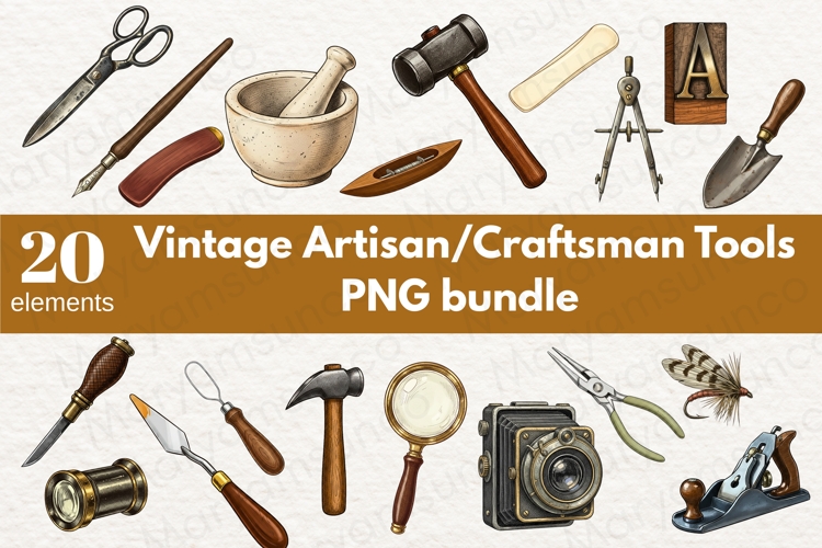 20 Vintage Artisan Tools PNG Bundle | Antique Clipart set