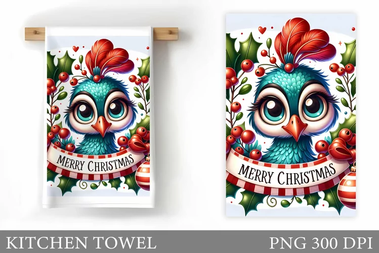 Christmas Peacock Kitchen Towel. Christmas Kitchen Towel