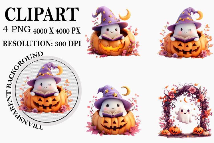 Watercolor Ghost Pumpkin Clipart example image 1