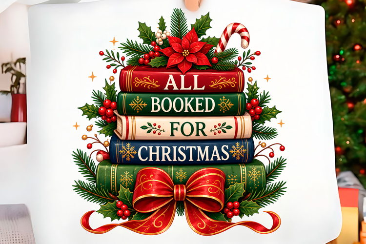 All Booked for Christmas Book Stack PNG Christmas T-shirt