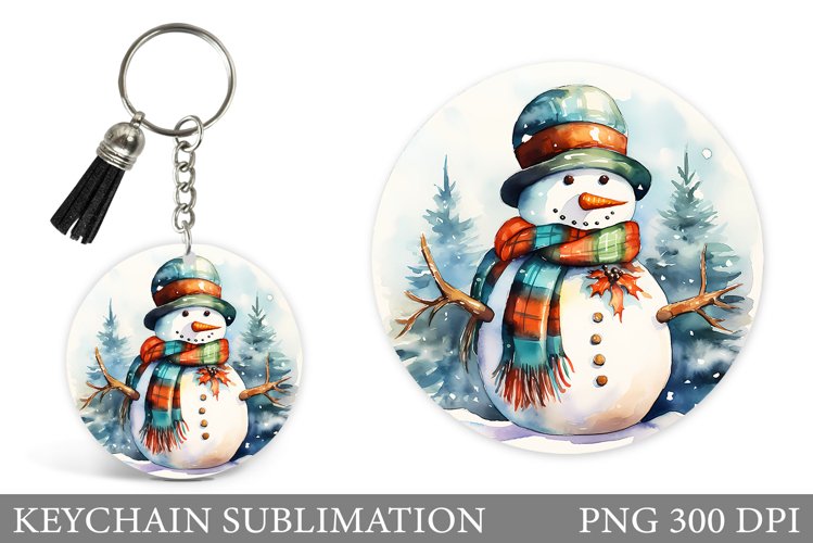 Snowman Keychain Design. Watercolor Snowman Round Keychain