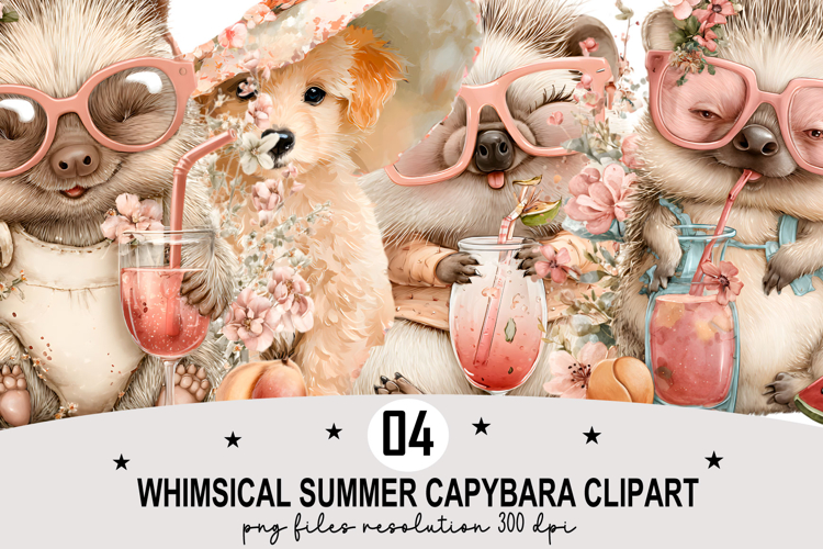 Whimsical Summer Capybara Clipart Watercolor PNG