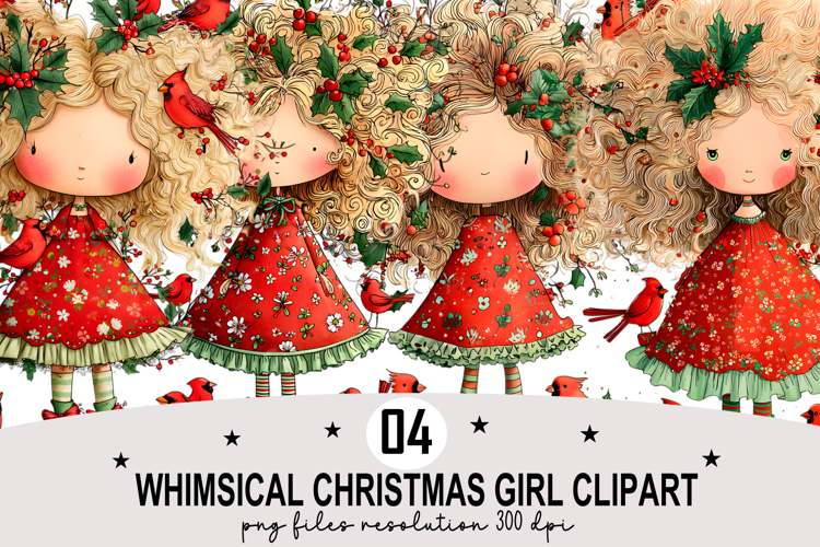 Whimsical Christmas Girl Clipart Watercolor PNG example image 1