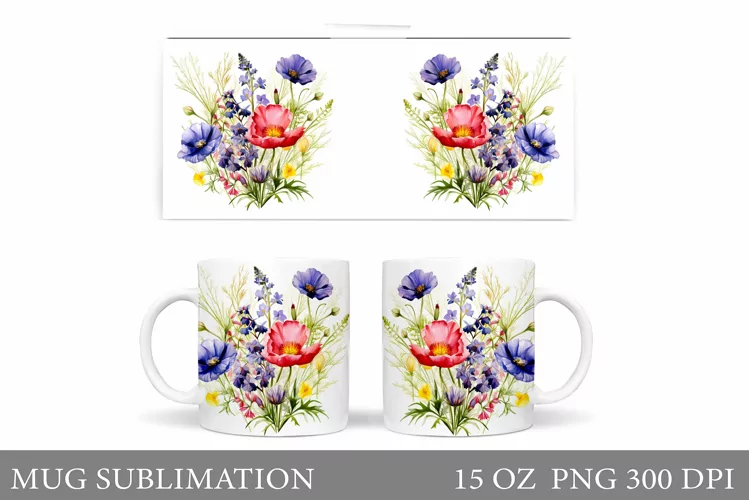 Flowers Mug Sublimation. Wildflowers Mug Wrap Design