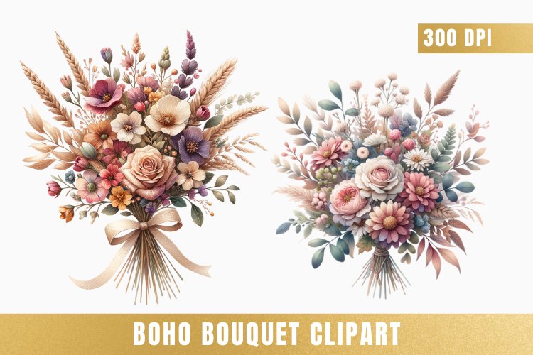 Watercolor boho bouquet clipart, Boho Flowers png example image 1