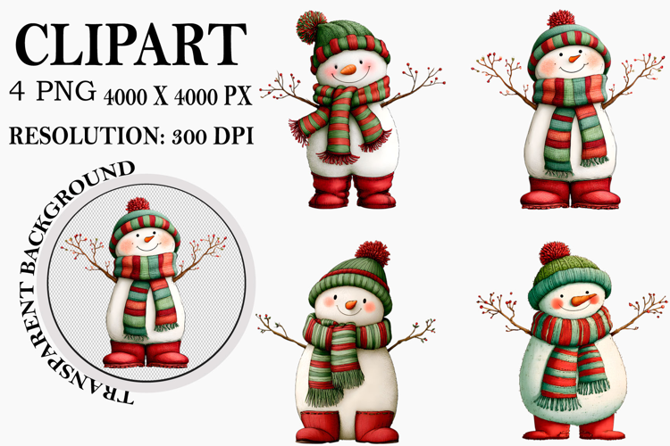 Whimsical Christmas Snowman Clipart Watercolor PNG