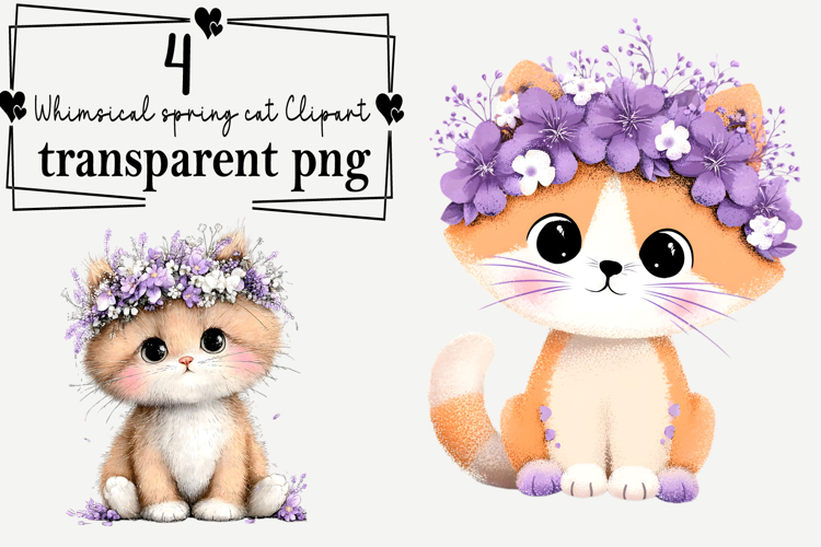 Whimsical spring cat Clipart Watercolor PNG
