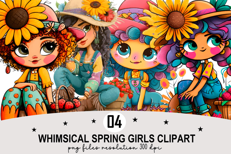 Whimsical Spring Girls Clipart Watercolor PNG