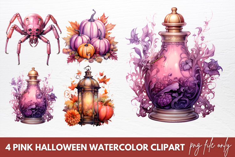 Pink Halloween Watercolor Clipart