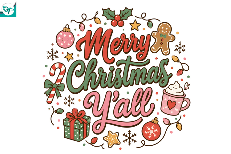 Merry Christmas Y’all PNG, Retro Christmas Sublimation