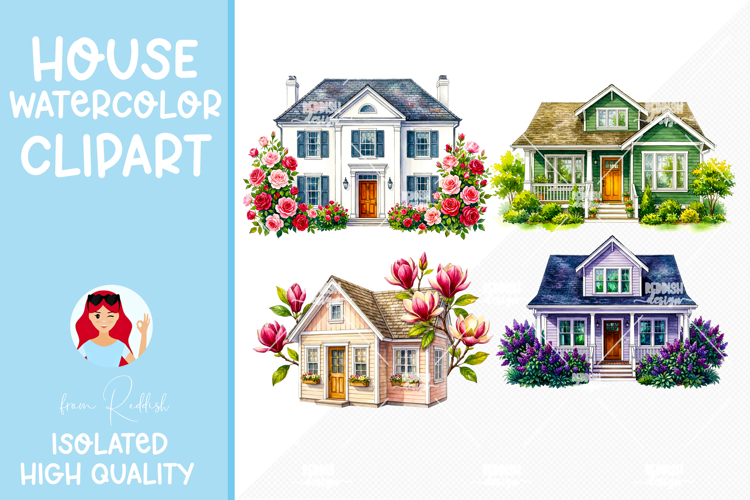 4 Cozy Watercolor House Clipart