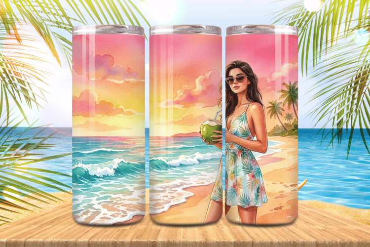 Cute girl in beach with coconut Tumbler Wrap PNG Sublimation