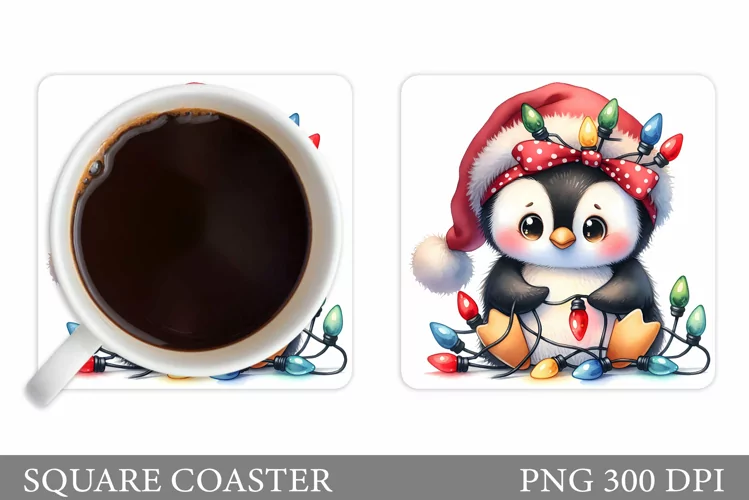 Cute Penguin Coaster Sublimation. Christmas Coaster Design