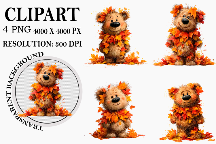 Whimsical Teddy Bear Fall Clipart Watercolor PNG