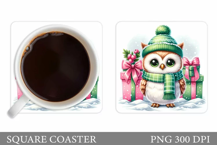 Christmas Owl Coaster Sublimation. Christmas Coaster Design