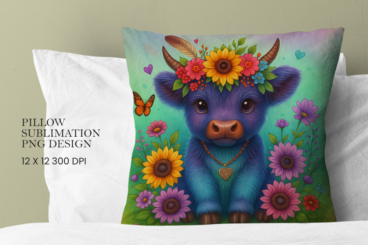 Highland Cow Flowers Pillow Sublimation PNG