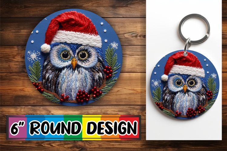 Holiday Owl Embroidery Circle for Keychain Round Design