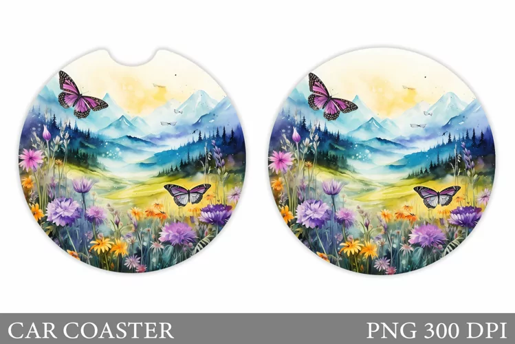 Wildflowers Car Coaster Sublimation. Butterflies Car Coaster