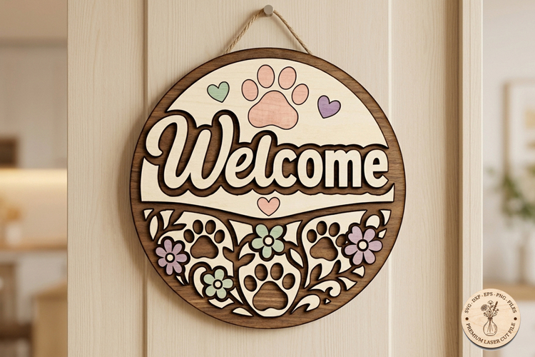 Dog Paw Welcome Sign SVG, Floral Pet Door Hanger Laser Cut