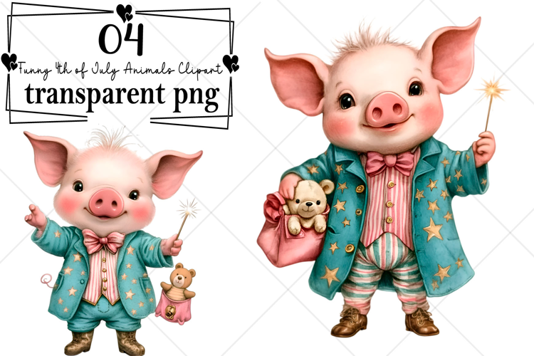 Funny 4th of July Animals Clipart Watercolor PNG