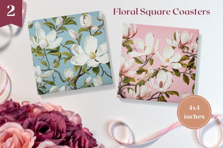 Flower Square Coaster, Magnolia Flowers Sublimation Designs