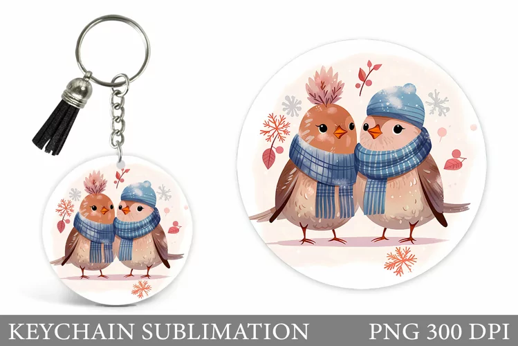 Winter Birds Keychain. Cute Bird Keychain Sublimation