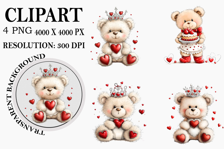 Whimsical Valentine Teddy Bear Clipart Watercolor PNG