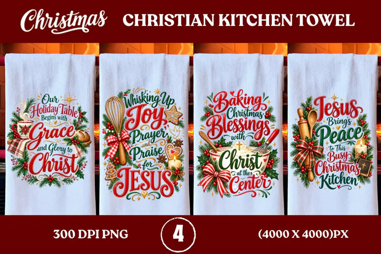 4 Christian Christmas Kitchen Towel PNGs, 4 Jesus Christmas