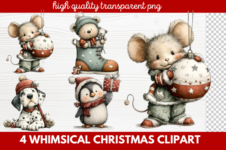 4 Whimsical Christmas Clipart | Cute Holiday PNG Set