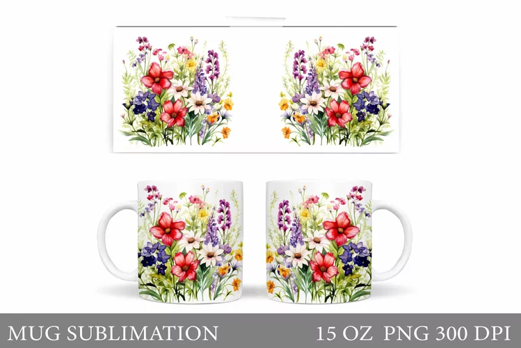 Wildflowers Mug Sublimation. Flowers Mug Wrap Template