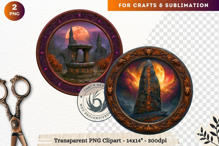 Dark Fantasy Halloween Witches Medallion Clipart sublimation