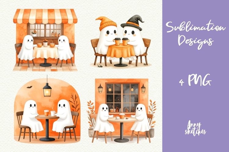 Ghost Couple PNG Halloween Ghost Cafe Clipart Sublimation