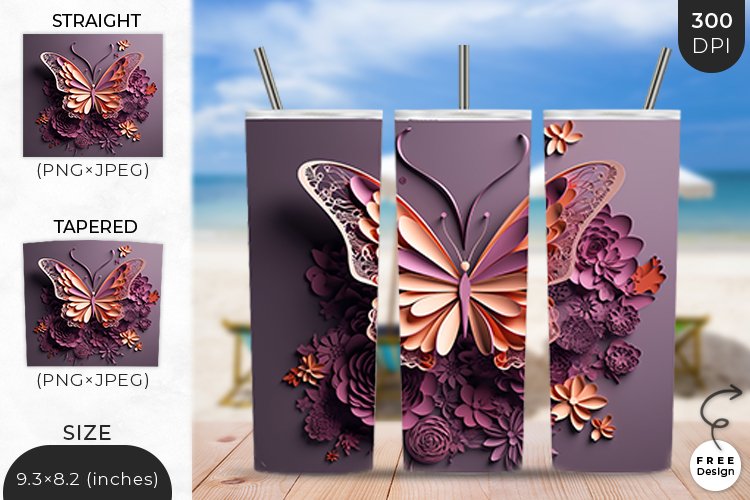 3D Butterfly Tumbler Wrap| 3D Sublimation Wrap Design