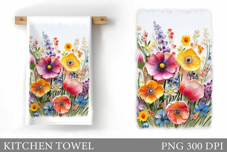 3D Flowers Kitchen Towel. Wildflowers Kitchen Towel Design