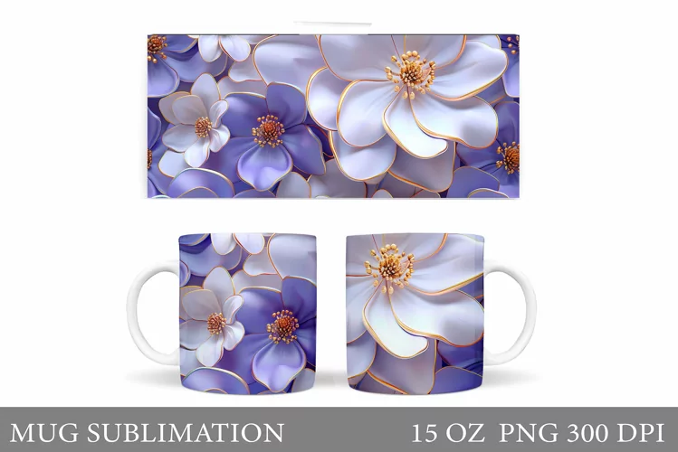 3D Flowers Mug Wrap Design. Flowers Mug Wrap Template
