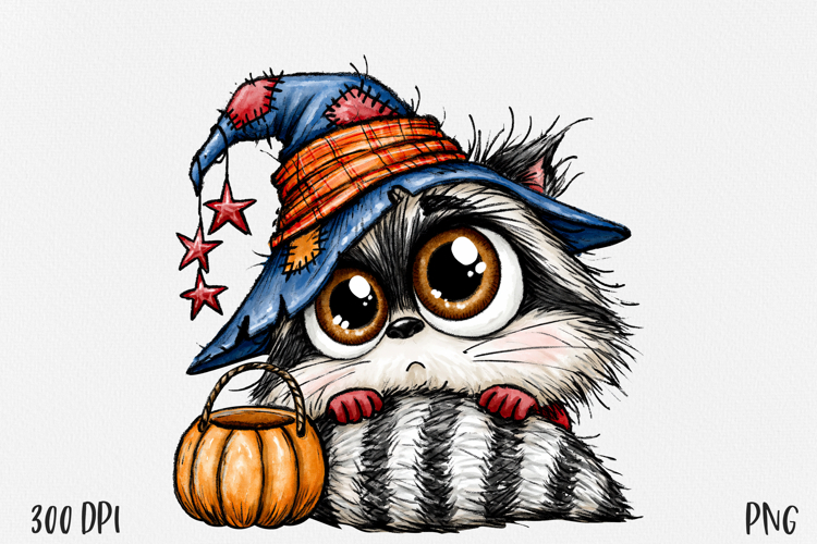 Halloween Raccoon PNG, Witch Sublimation Clipart