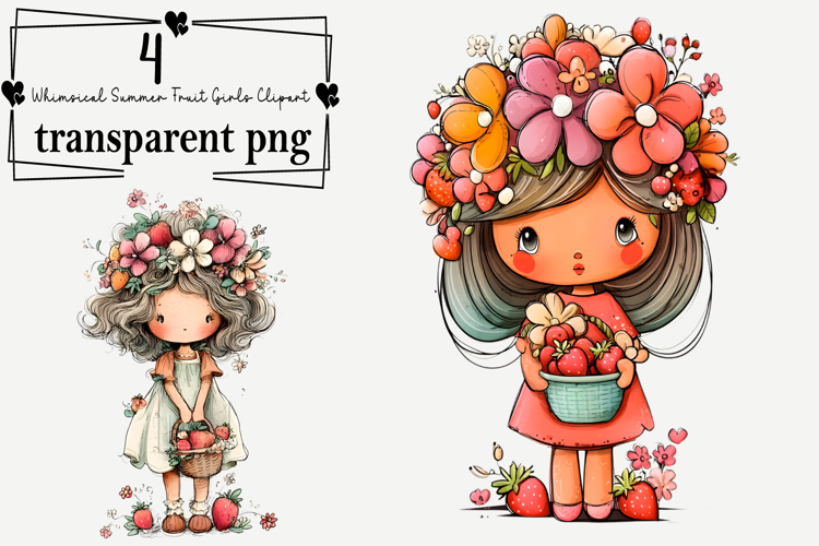 Whimsical Summer Fruit Girls Clipart Watercolor PNG