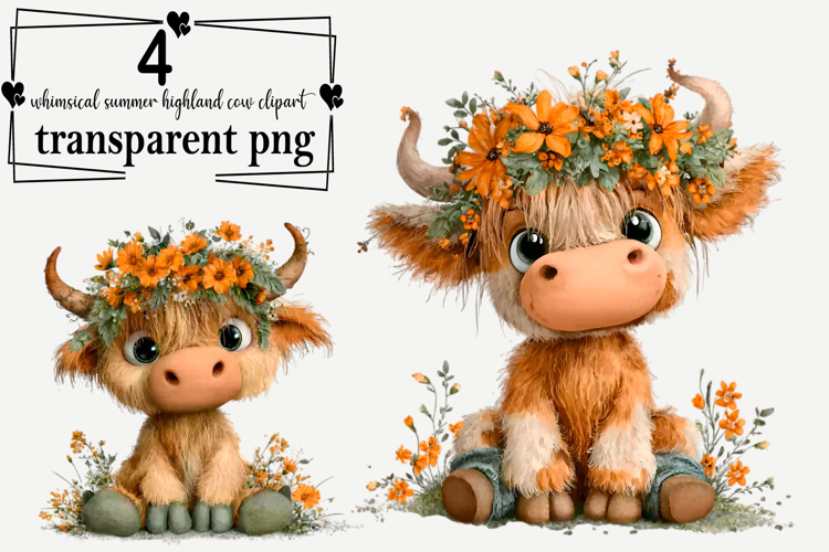 Whimsical Summer Highland Cow Clipart Watercolor PNG example image 1