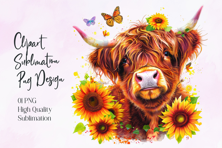 Highland Cow Sunflower Floral Sublimation PNG