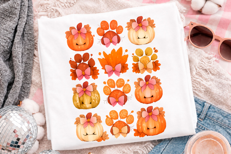Cute Pumpkin Bow Fall Floral T-Shirt Design
